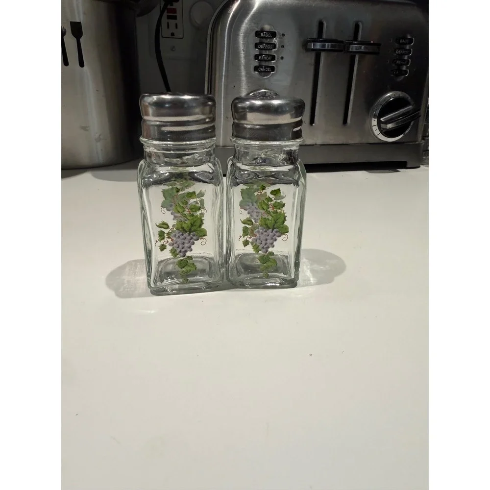 Vintage Glass Salt and Pepper Shakers Set Purple Grape Vine Stainless Steel Lids
